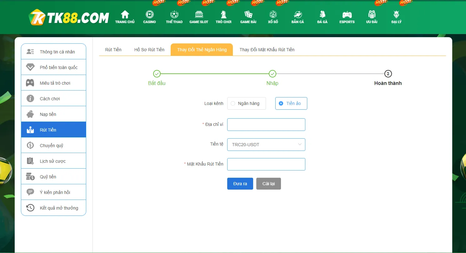 Điều thông tin sau đó chọn phương thức rút tiền TK88