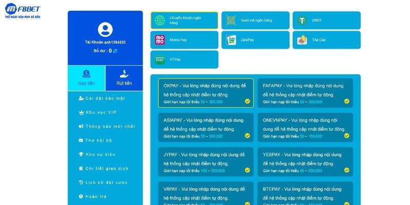 Hướng dẫn nạp tiền F8bet